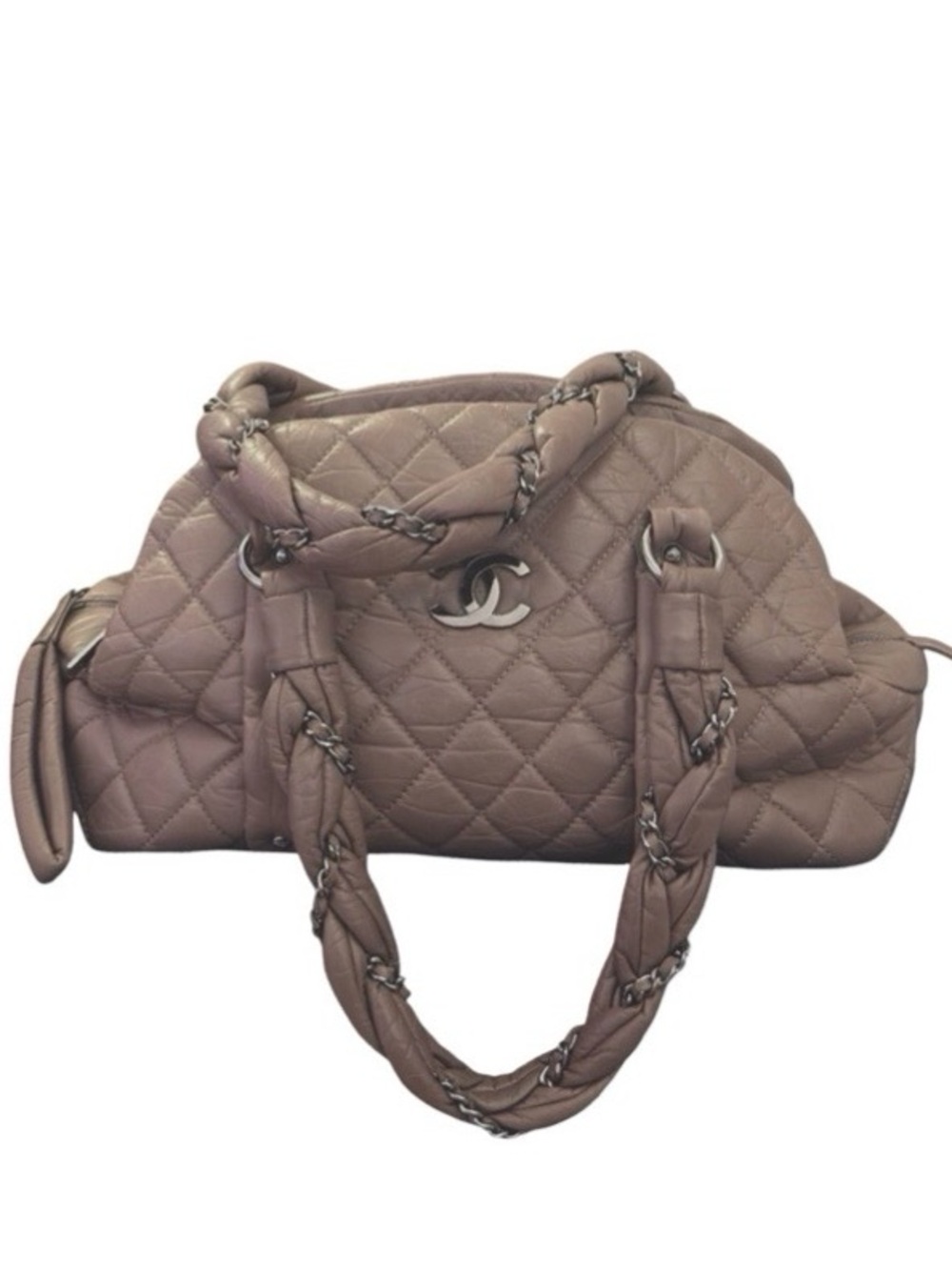 Chanel Lady Braid Bowler Bag Distressed Lambskin Taupe Quilted Satchel 13” - Picture 8 of 12
